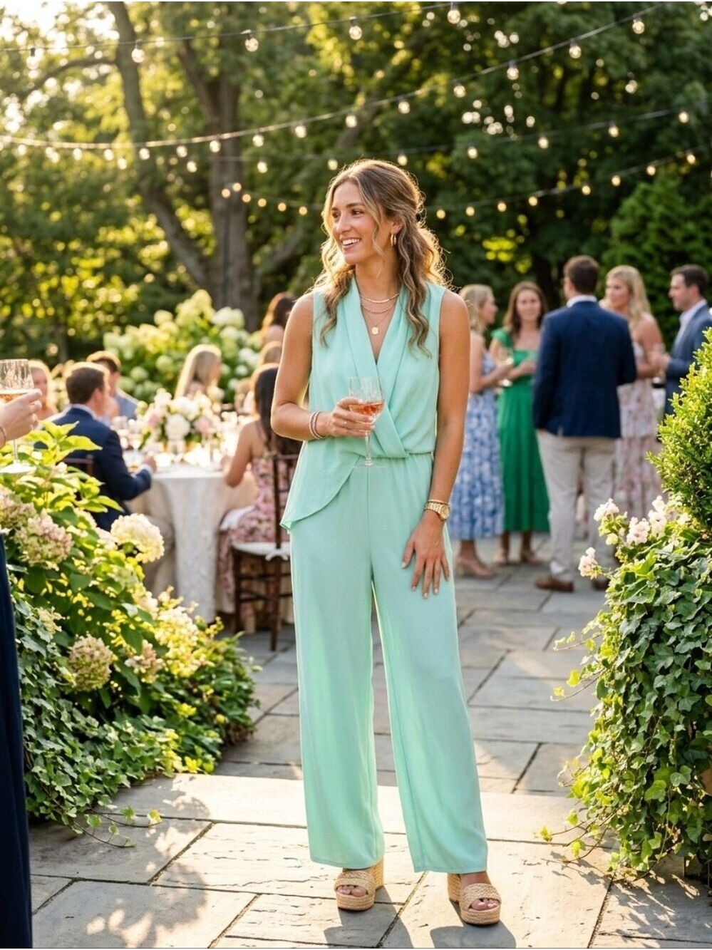 Gianni Bini teal crossover bust and multi overlay flowy jumpsuit, size small